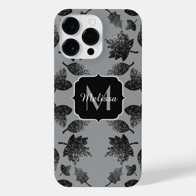 Sparkly grey silver leaves autumn pattern Monogram iPhone Case (Back)