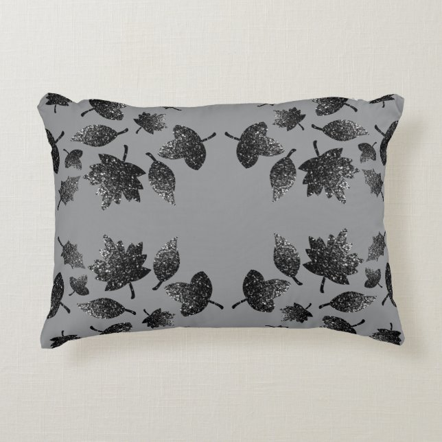 Sparkly grey silver leaves fall autumn pattern decorative cushion (Front)