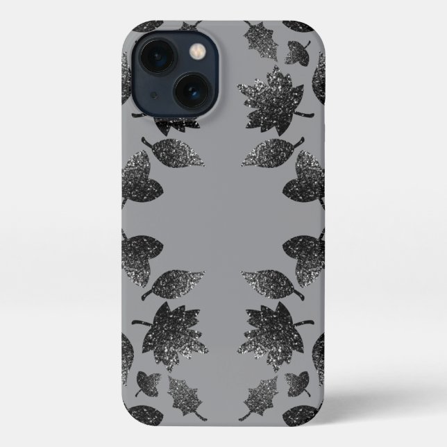 Sparkly grey silver leaves fall autumn pattern iPhone case (Back)