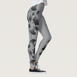 Sparkly grey silver leaves fall autumn pattern leggings