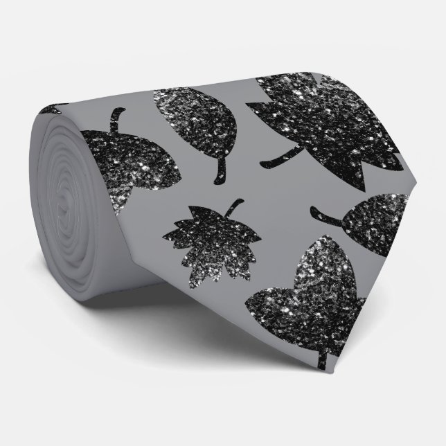 Sparkly grey silver leaves fall autumn pattern tie (Rolled)