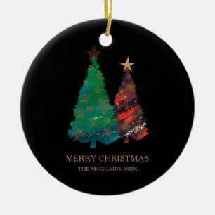 Sparkly Hand Painted Watercolor Christmas Trees Ceramic Tree Decoration