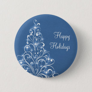 Sparkly Holiday Tree Button, Blue 6 Cm Round Badge