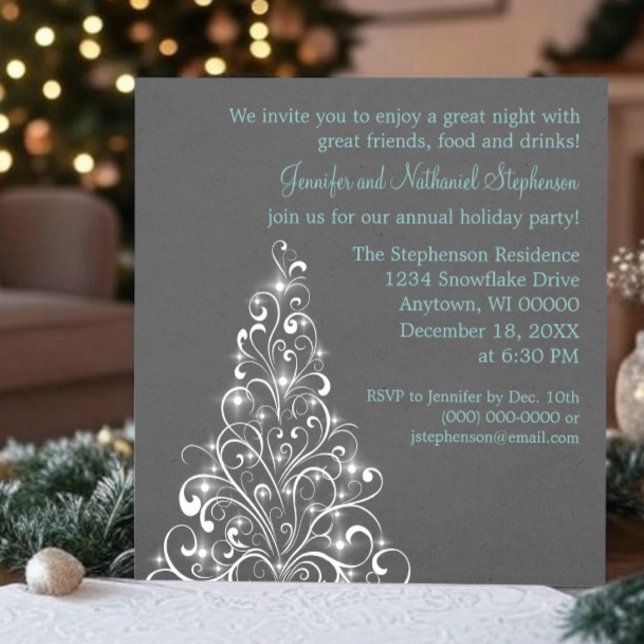 Sparkly Holiday Tree Christmas Party, Dark Grey Invitation (Dark Gray Sparkly Holiday Tree Christmas Party Invitation)