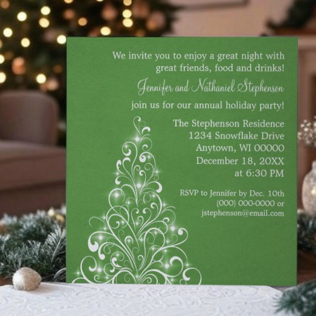 Sparkly Holiday Tree Invite, Green Invitation (Green Sparkly Holiday Tree Christmas Party Invitation)