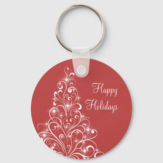 Sparkly Holiday Tree Keychain, Red Key Ring (Front)