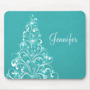 Sparkly Holiday Tree Mousepad, Aqua Mouse Mat