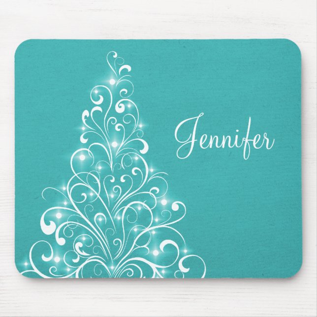 Sparkly Holiday Tree Mousepad, Aqua Mouse Mat (Front)