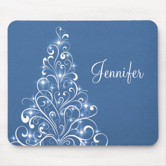 Sparkly Holiday Tree Mousepad, Blue Mouse Mat (Front)