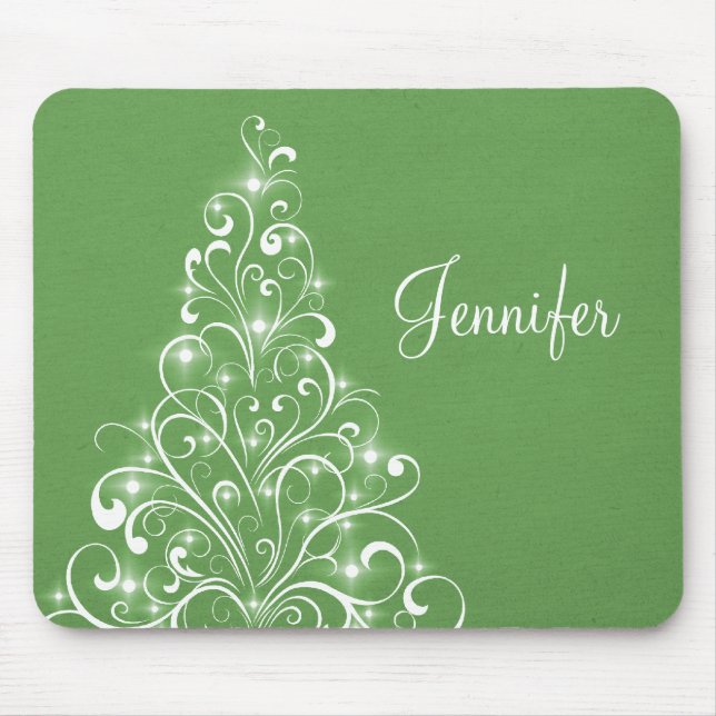 Sparkly Holiday Tree Mousepad, Green Mouse Mat (Front)