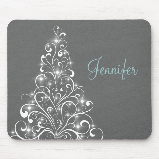 Sparkly Holiday Tree Mousepad, Grey Mouse Mat (Front)