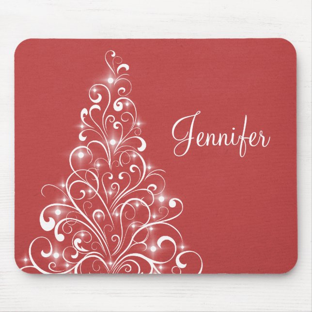 Sparkly Holiday Tree Mousepad, Red Mouse Mat (Front)