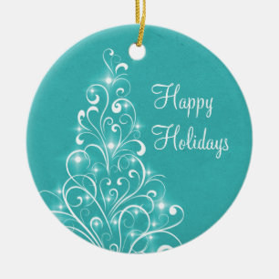 Sparkly Holiday Tree Ornament, Aqua Ceramic Tree Decoration