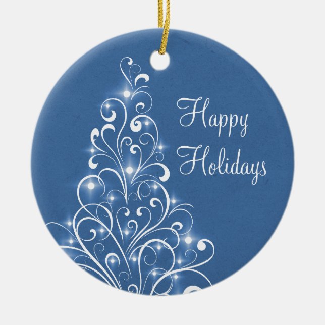 Sparkly Holiday Tree Ornament, Blue Ceramic Tree Decoration (Front)