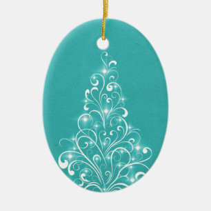 Sparkly Holiday Tree Oval Ornament, Aqua Ceramic Tree Decoration