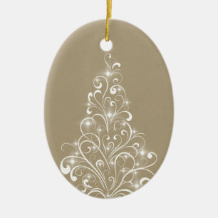 Sparkly Holiday Tree Oval Ornament, Latte Ceramic Tree Decoration