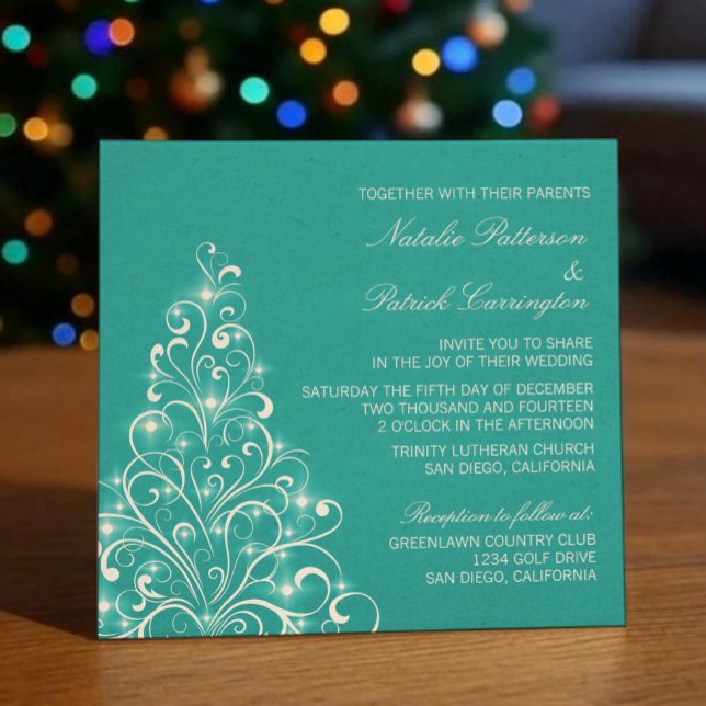 Sparkly Holiday Tree Wedding Invite, Aqua Invitation (Aqua Sparkly Holiday Tree Wedding Invitation)