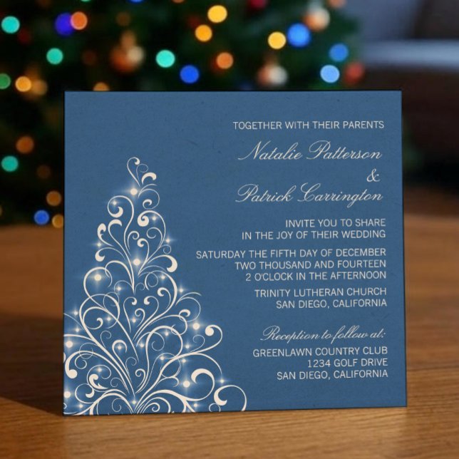 Sparkly Holiday Tree Wedding Invite, Blue Invitation (Blue Sparkly Holiday Tree Wedding Invitation)