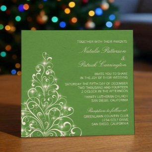 Sparkly Holiday Tree Wedding Invite, Green Invitation