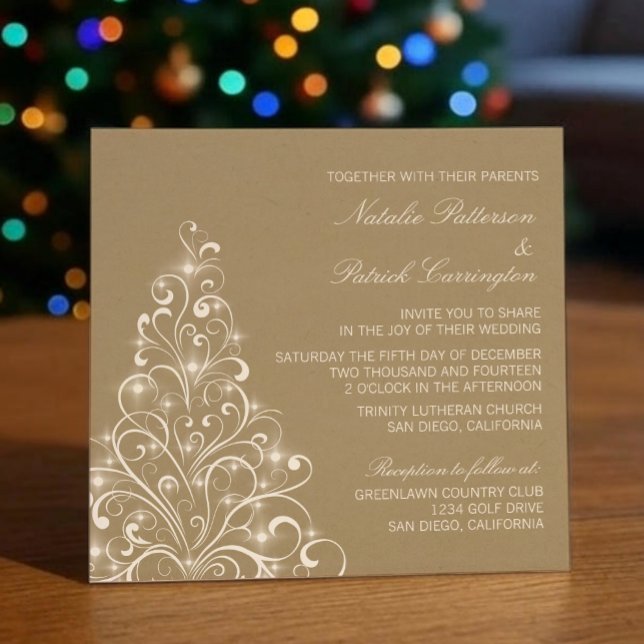 Sparkly Holiday Tree Wedding Invite, Latte Invitation (Latte Sparkly Holiday Tree Wedding Invitation)