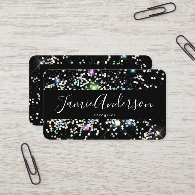 Sparkly Holographic Glitter Beauty Black Elegant Business Card (Front/Back In Situ)