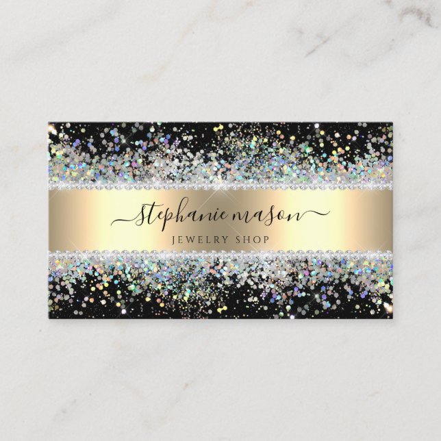 Sparkly Holographic Glitter Diamonds Gold Black Calling Card (Front)