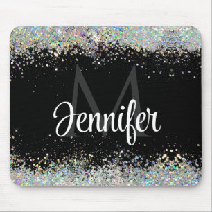 Sparkly Holographic Gold Glitter Monogram Black Mouse Mat