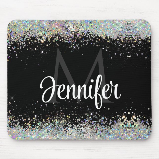 Sparkly Holographic Gold Glitter Monogram Black Mouse Mat (Front)