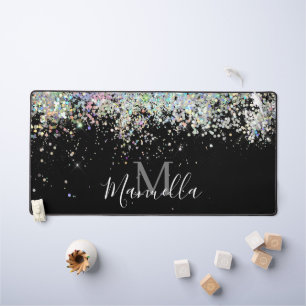 Sparkly Holographic Rose Gold Glitter Monogram Desk Mat