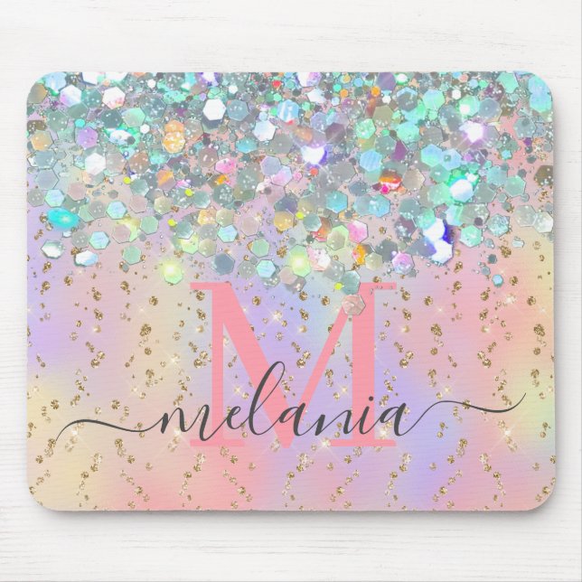 Sparkly Holographic Rose Gold Glitter Monogram  Mouse Mat (Front)