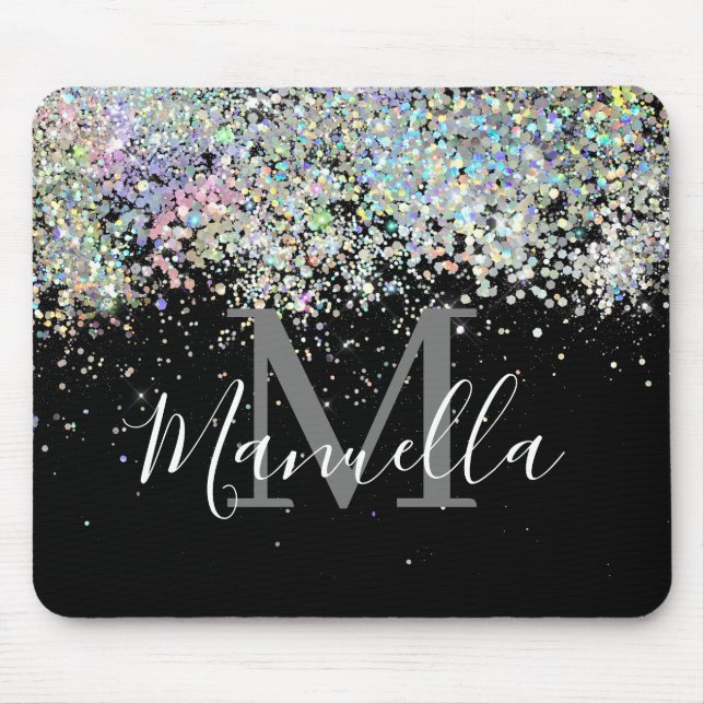 Sparkly Holographic Rose Gold Glitter Monogram Mouse Mat (Front)