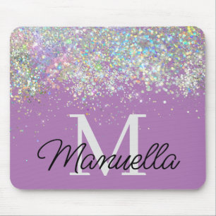 Sparkly Holographic Rose Gold Glitter Monogram Mouse Mat