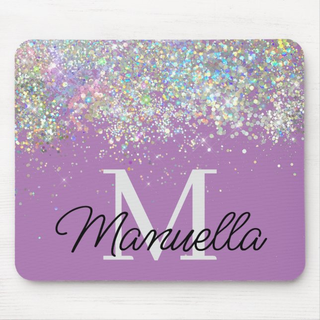 Sparkly Holographic Rose Gold Glitter Monogram Mouse Mat (Front)