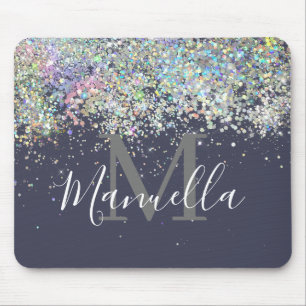 Sparkly Holographic Rose Gold Glitter Monogram Mouse Mat