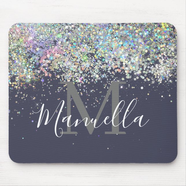 Sparkly Holographic Rose Gold Glitter Monogram Mouse Mat (Front)