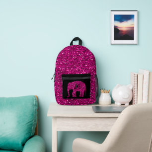 Sparkly hot pink Elephant Custom Monogram black Printed Backpack