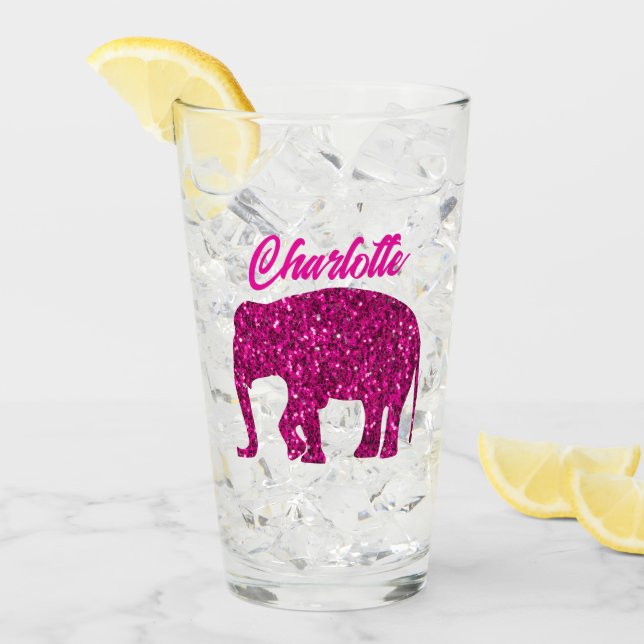 Sparkly hot pink Elephant Custom name Glass (Front Ice)