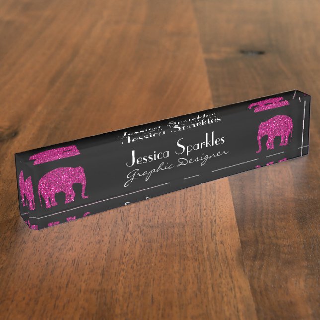 Sparkly hot pink Elephant Custom name Occupation Nameplate (Side)