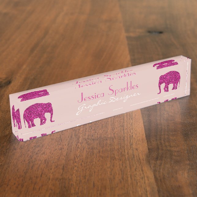 Sparkly hot pink Elephant Custom name Occupation Nameplate (Side)