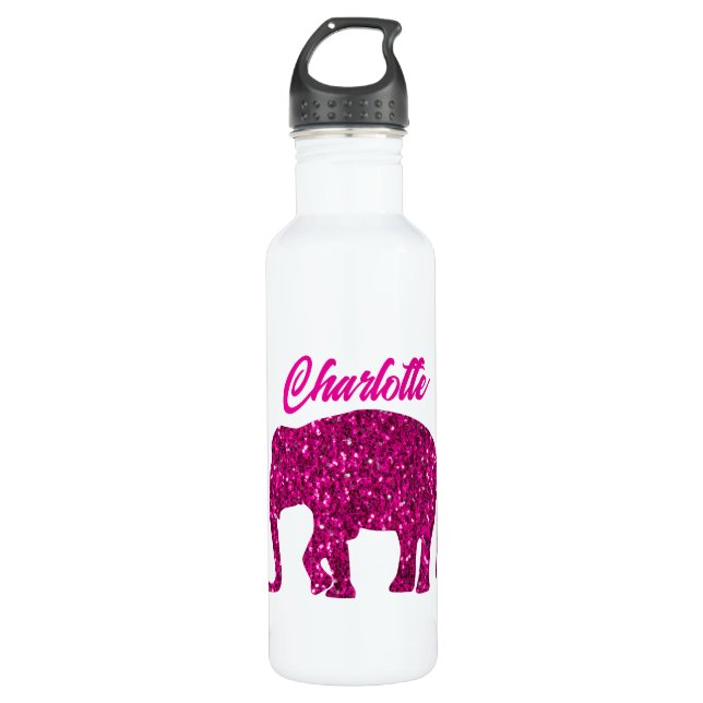 Sparkly hot pink Elephant faux sparkle custom name 710 Ml Water Bottle (Front)