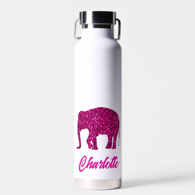 Sparkly hot pink Elephant faux sparkle Your name Water Bottle (Front)