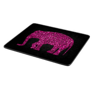 Sparkly hot pink Elephant faux sparkles on black Cutting Board