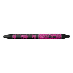 Sparkly hot pink Elephant faux sparkles Your name Black Ink Pen
