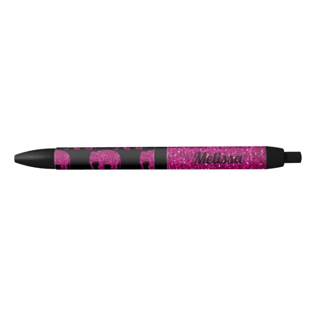 Sparkly hot pink Elephant faux sparkles Your name Black Ink Pen (Front)