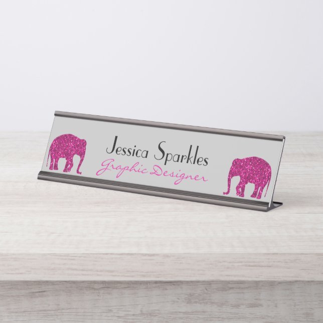 Sparkly hot pink Elephant faux sparkles Your name Desk Name Plate (Front)