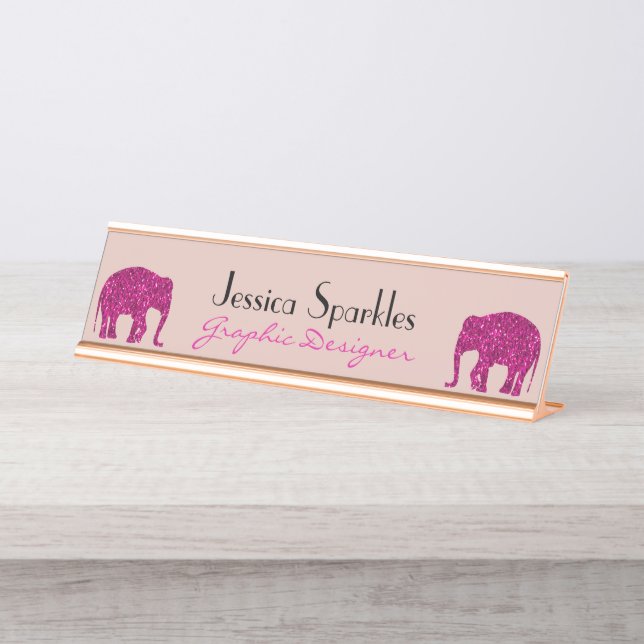 Sparkly hot pink Elephant faux sparkles Your name Desk Name Plate (Front)