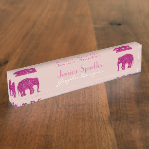 Sparkly hot pink Elephant faux sparkles Your name Nameplate