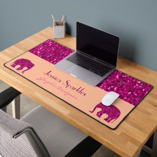Sparkly hot pink Elephant sparkles Custom name Desk Mat
