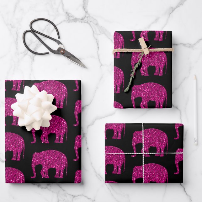 Sparkly hot pink Elephant sparkles pattern black Wrapping Paper Sheet (Front)