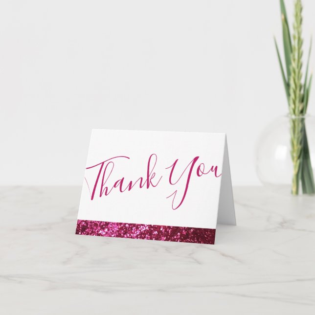 Sparkly Hot Pink Glitter Chic Glam Thank You Card (Front)